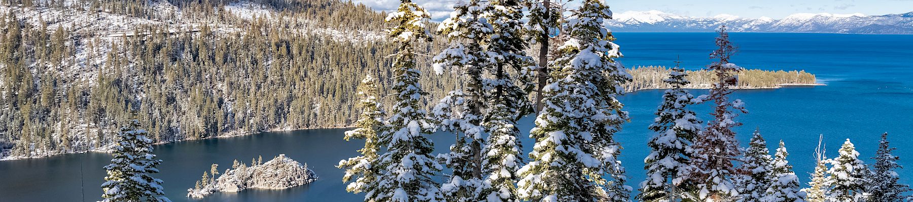 A scenic winter landscape featuring snow-covered trees overlooking a clear blue lake, with an island in the middle and snowy mountains in the background.