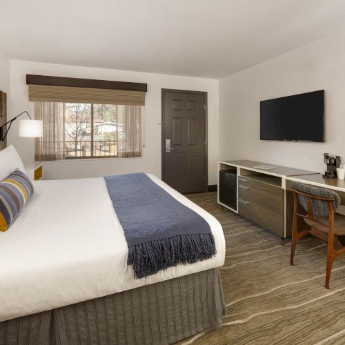 A tidy, modern hotel room with a large bed, desk, chair, TV, and window. The decor is minimalist with neutral tones and a touch of color.