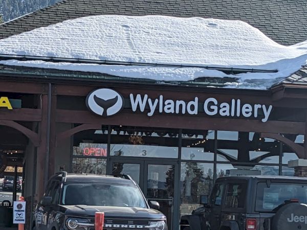 The image shows the exterior of Wyland Gallery in a snowy mountain area, with two parked SUVs in front of the gallery entrance and mountains in the background.